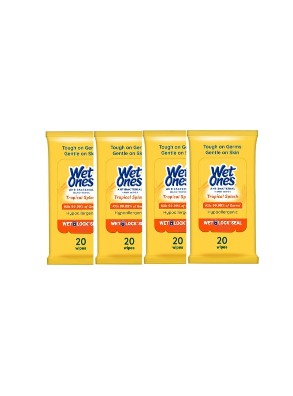 (4 Pack) Wet Ones Antibacterial Hand Wipes, Tropical Splash Citrus Scent, 20 Ct Travel Pack, Hypoallergenic