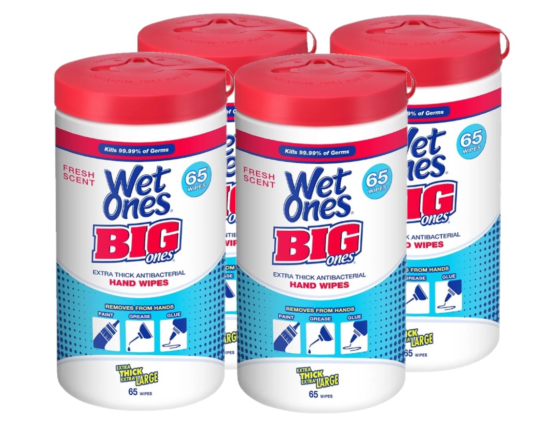 4 Pack Wet Ones Big Ones Antibacterial Hand Wipes, 65 ct.