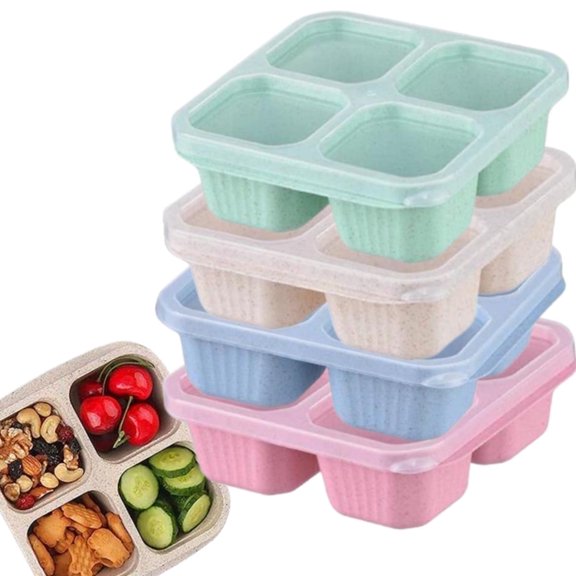 4 Pack Wheat Straw Divided Bento Snack Box 4-Compartments Meal Prep Containers Reusable Meal Prep Stackable Lunch Containers Bento Box with Lids for Work Travel Home