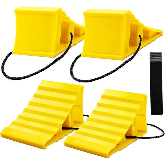 4 Pack Wheel Chocks, Chocks with Rope, Plastic Hard Stoppers Block for Camper Cars, RV Trailer, Trucks (Yellow)
