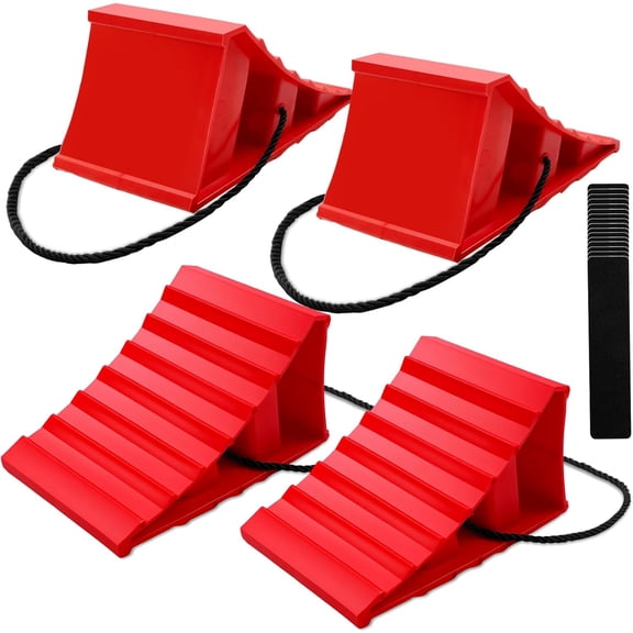 4 Pack Wheel Chocks, Heavy Duty Non Slip Chocks with Rope, Plastic Hard Stoppers Block for Camper Cars, RV Trailer, Trucks, Red