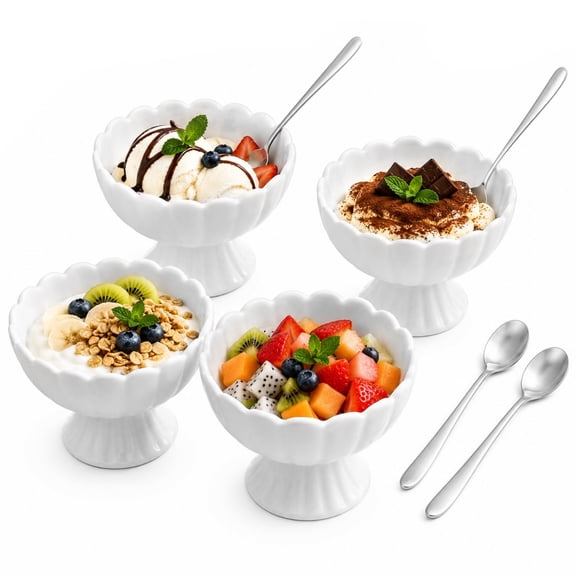 4 Pack White Ceramic Dessert Bowls Set with Stainless Steel Spoons, 7.05 Oz Capacity Footed Trifle Bowl with Pedestal, Petal Edge Ice Cream Pudding Serving Bowl Set for Fruit, Salad, Tiramisu