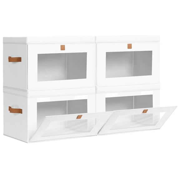 4 Pack White Closet Storage Bins Front Opening Storage Bin Collapsible Fabric Organizer with Clear Window Dual Handles Closet Clothes Blanket Book Storage Box for Home DIMJ