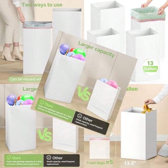 4 Pack White Extra Large Reusable Portable Trash Cans 13 Gallon Cardboard Garbage Bins