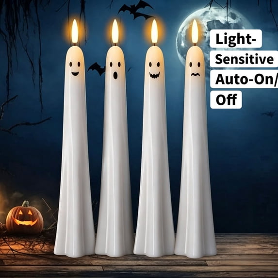 4 Pack White Halloween Ghost Flameless Taper Candles, Real Wax LED Candles with Flickering 3D Wick, Light-Sensitive Auto-/Off Indoor Table Decor, 1.6 x 9.5 inch A