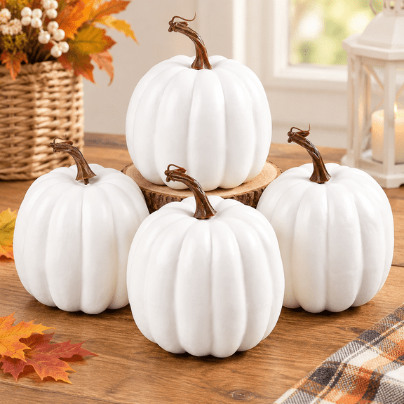 4 Pack White Mini Artificial Pumpkin 5.1 x 6.5 Inch Fake Small Pumpkins Lifelike Fall Harvest Pumpkins Foam Realistic Pumpkin for Halloween, Thanksgiving Home, Garden Decor