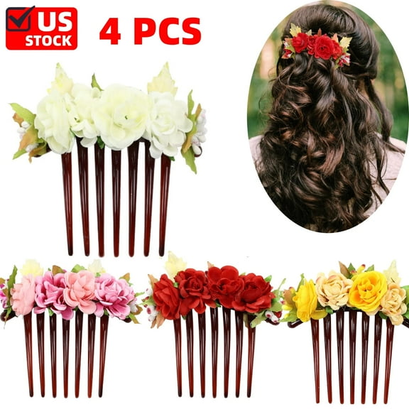 4 Pack White Pink Flower Metal Hair Side Combs Slides with Artificial Big Rose Wedding Bridal Clips Floral Headpieces Hairpins Barrettes Bun Hair Accessories for Women Flower Girl Bridesmaids