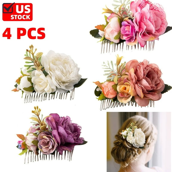 4 Pack White Pink Flower Metal Hair Side Combs Slides with Artificial Big Rose Wedding Bridal Clips Floral Headpieces Hairpins Barrettes Bun Hair Accessories for Women Flower Girl Bridesmaids