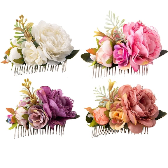 4 Pack White Pink Flower Metal Hair Side Combs Slides with Artificial Big Rose Wedding Bridal Clips Floral Headpieces Hairpins Barrettes Bun Hair Accessories for Women Flower Girl Bridesmaids