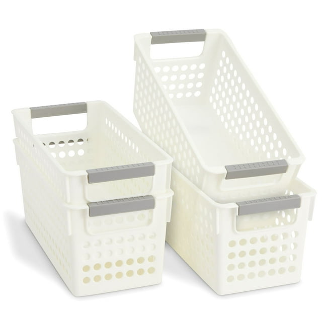 4 Pack White Plastic Baskets with Gray Handles, Narrow Storage Bins for Organizing, Kitchen and Bathroom Shelves, Small Nesting Containers (5 Inch)