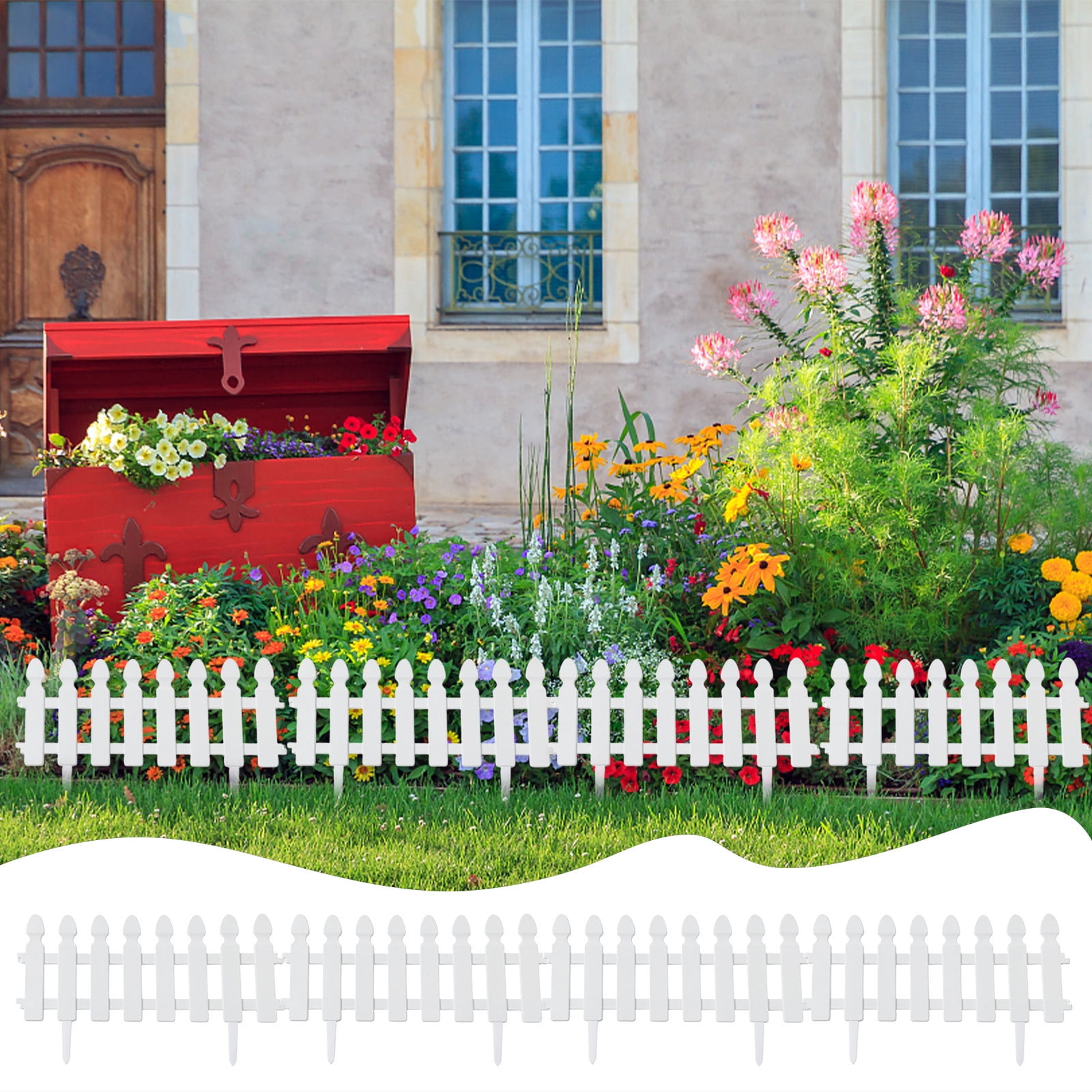 4-Pack White Plastic Garden Fence Panels | 48x29cm Decorative Flower Bed Edging | Weatherproof Foldable Landscapes Borders with Ground Spikes | Easy Assembly for Lawns \u0026 Driveways