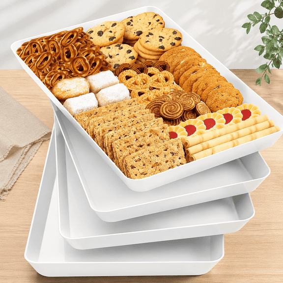 4 Pack White Plastic Serving Tray Set Stackable Reusable Platters for Parties, BBQs, Desserts, Fruits, and Snacks