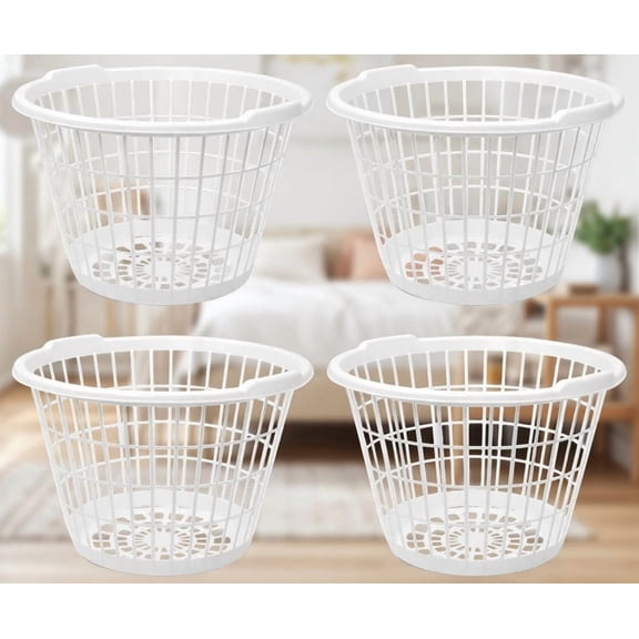 4-Pack White Round Plastic Laundry Baskets with Handles, Breathable Mesh Design, Lightweight Flexible Hamper for Clothes Storage