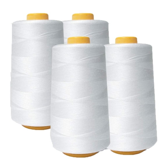 4-Pack White Sewing Thread Cones, 6000 Yards Each, High Tensile Polyester Thread for Serger Overlock Merrow Quilting Embroidery Machines, Universal Use, WHITE