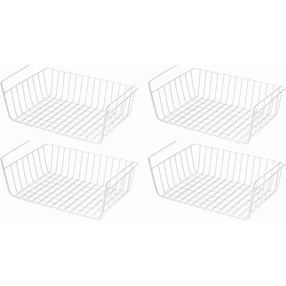 4 Pack White Under Shelf Wire Basket Hanging Storage Baskets, Under Cabinet Add-on Storage Racks Slide-in Baskets Organizer for Kitchen Pantry Desk Bookshelf