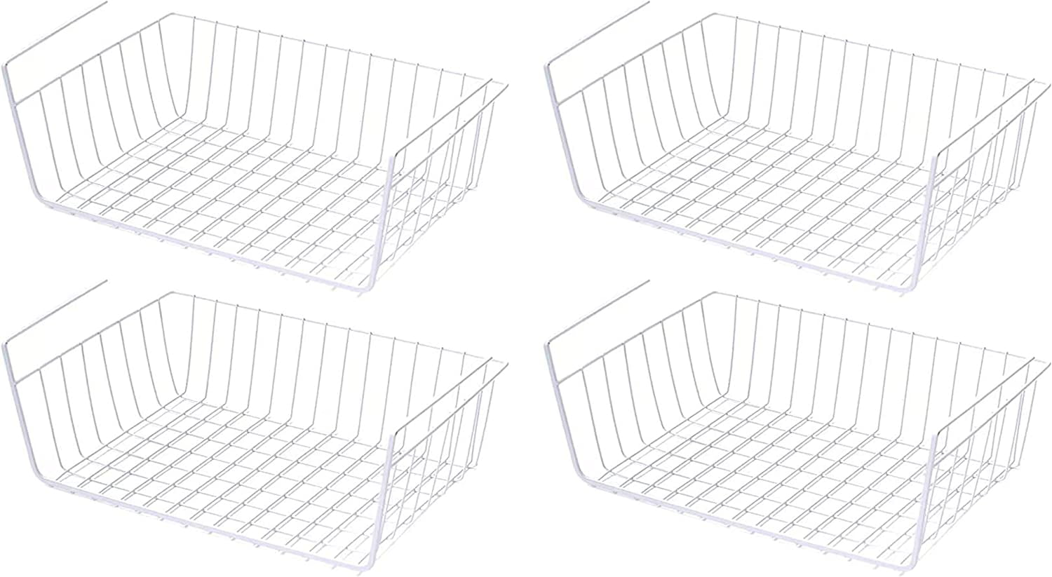 4 Pack White Under Shelf Wire Basket Hanging Storage Baskets, Under Cabinet Add-on Storage Racks Slide-in Baskets Organizer for Kitchen Pantry Desk Bookshelf