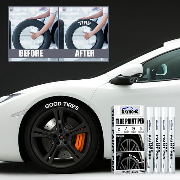 4 Pack White Tire Lettering Paint Markers, Long Lasting Waterproof Tire Paint Pens, Soft Tip Uniform Color Fastness Marker for Car Tire Letter DIY Auto Exterior Decor