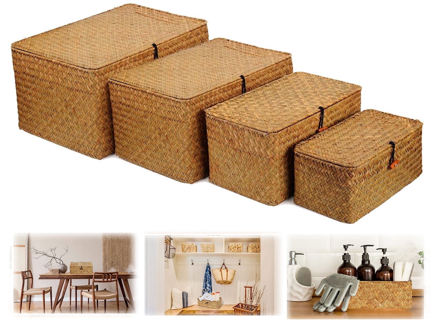 4 Pack Wicker Basket with Lid Storage Basket Decorative Storage Boxes with Lids,Hand-Woven Desktop Basket,Rectangular Household Basket Boxes for Shelf Closet Bedroom, Kitchen, 4 Sizes(Natural)