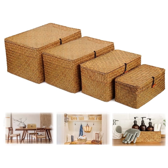 4 Pack Wicker Basket with Lid Storage Basket Decorative Storage Boxes with Lids,Hand-Woven Desktop Basket,Rectangular Household Basket Boxes for Shelf Closet Bedroom, Kitchen, 4 Sizes(Natural)