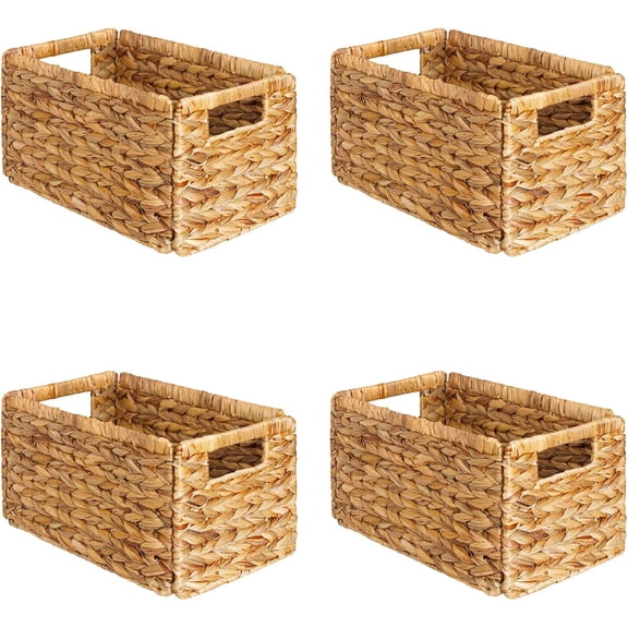 4 Pack Wicker Basket, Storage Baskets for Organizing, Woven Rattan Basket with Handles for Shelves, Water Hyacinth Large Cube Organizer Storage Bin, 13x8.2x7 inch, Natural