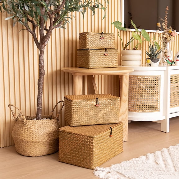4 Pack Wicker Baskets with Lids, Natural Seagrass Storage Baskets, Woven Rectangular Basket Bins, Rattan Storage Organizer for Shelf