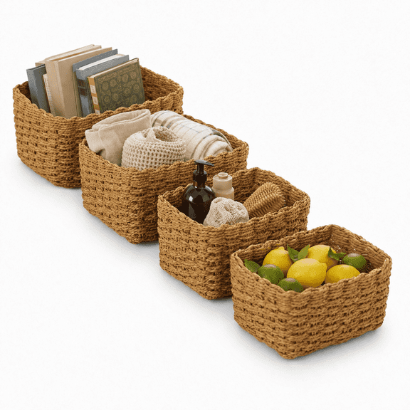 4 Pack Wicker Storage Baskets, Woven Basket Organizer for Shelves, Paper Rope Small Storage Bins with 4 Sizes, Square Brown Decorative Basket for Home Decor Cabinet Nightstand