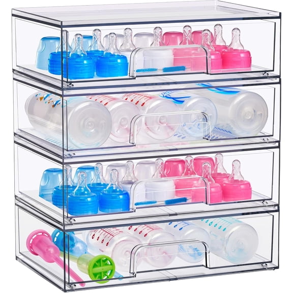 4-Pack Wide Clear Acrylic Stackable Storage Drawers, Pull-Out Organizer for Cabinets