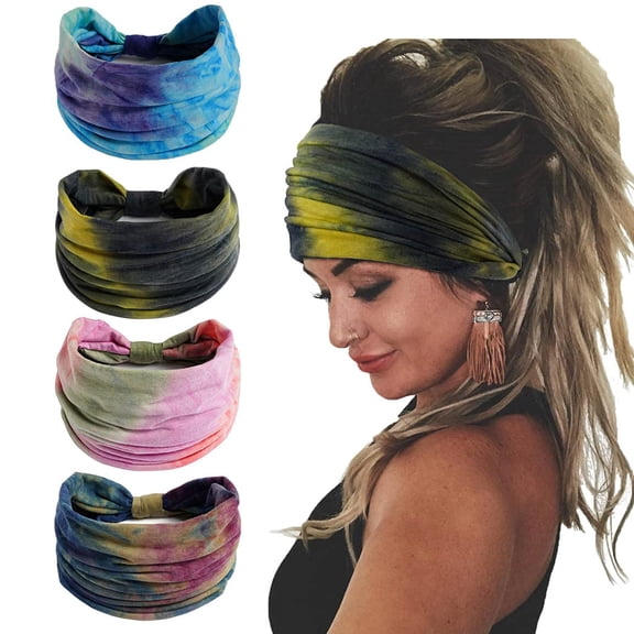 4 Pack Wide Headbands Stretch Turban Knotted Hairbands Elastic Yoga Workout Running Sweatband Sport Large African Head Wraps for Women