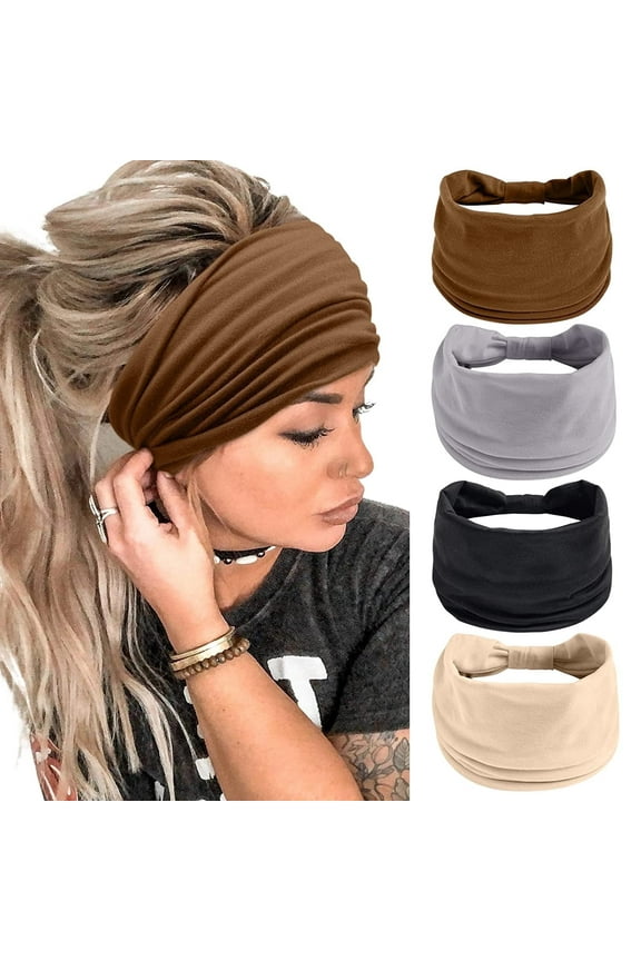 4 Pack Wide Headbands for Women Black Stylish Head Wraps Boho Thick Hairbands Large African Sport Yoga Turban Headband Hair Accessories