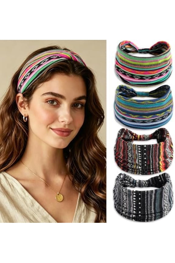4 Pack Wide Headbands for Women Boho Hair Band Twist Knotted Wraps Large Non Slip Workout Hair Accessories