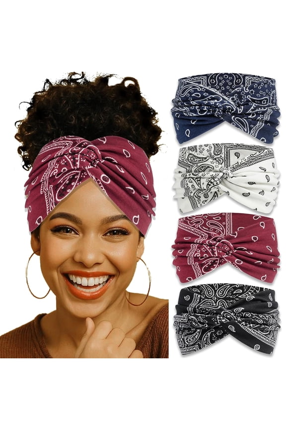 4 Pack Wide Headbands for Women Paisley Twist Hair Bands Stretchy Cross Head Turban Bandana Valentine's Day Non Slip Exercise Hair Wraps Accessories