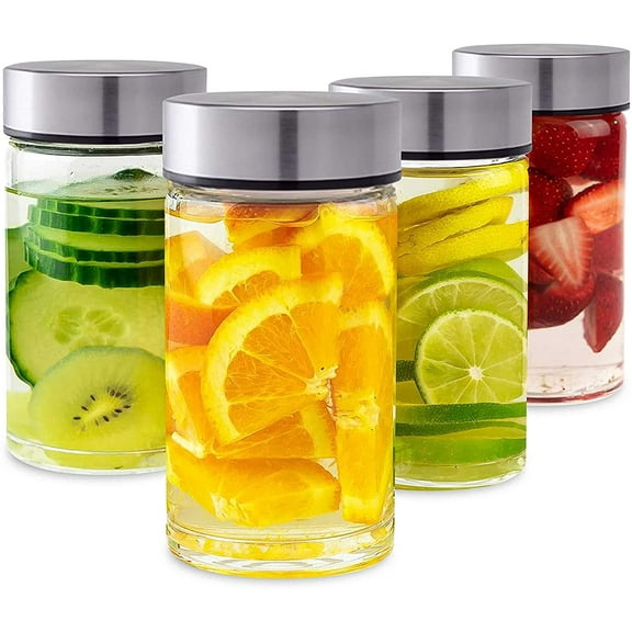 4 Pack Wide Mouth Glass Bottles with Lids for Juicing, Smoothies, Infused Water and Beverage Storage, 16oz BPA Free Leakproof Reusable Borosilicate Bottles with Stainless Steel Lids