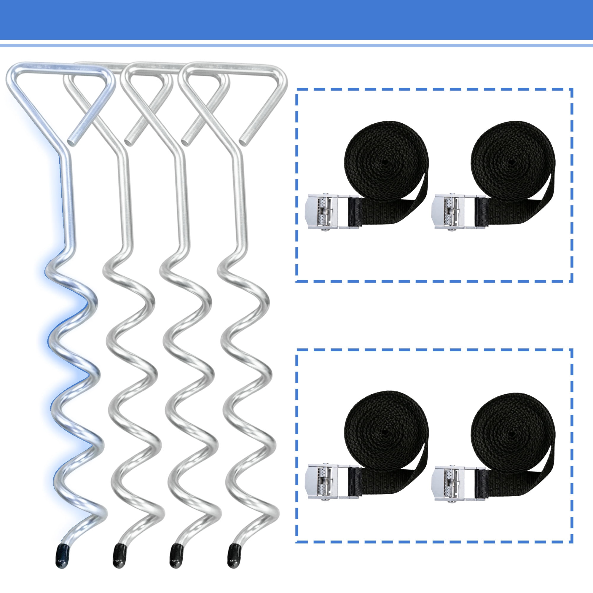 4 Pack Windproof Trampoline Stakes Anchor Kit-Steel Corkscrew Anchor, Heavy Duty Tie Down Kit with Reinforced Safety Straps, Secure Weatherproof Protection for Trampoline, Tent&Playset