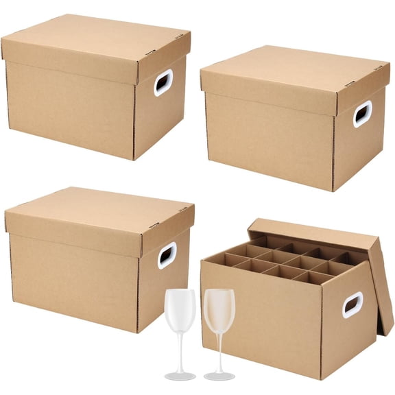 4 Pack Wine Glass Moving Boxes, 15 x 12 x 10 Inches Moving Boxes with Lid Glassware Dish Packing Box Corrugated Dividers with Handles and Lids for Kitchen Dish Glassware, Brown