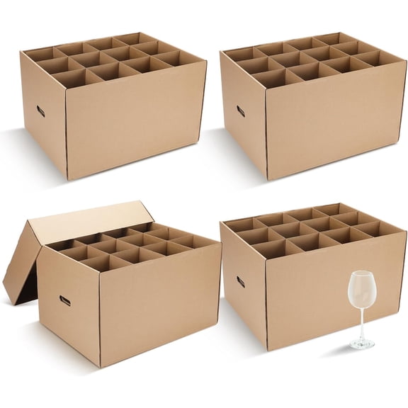 4 Pack Wine Glass Moving Boxes Kitchen Moving Boxes with Handle Kitchen Kit with Lid for Dish Glassware (Brown,20 x 15 x 12 Inches)