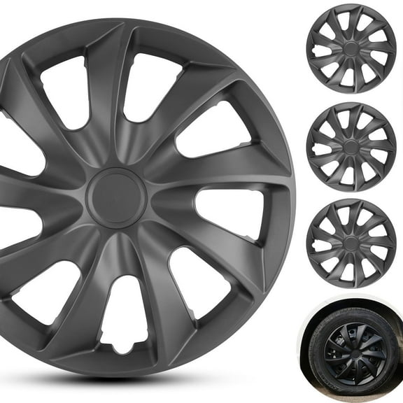 (4-Pack) Winjet 14 inch Universal Black Wheel Covers Snap on Hub Caps Fit R14 Tire + Steel Rim(Black Matte)