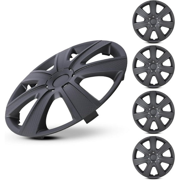 (4-Pack) Winjet 15 inch Universal Black Matte Wheel Covers Snap on Hub Caps Fit R15 Tire + Steel Rim