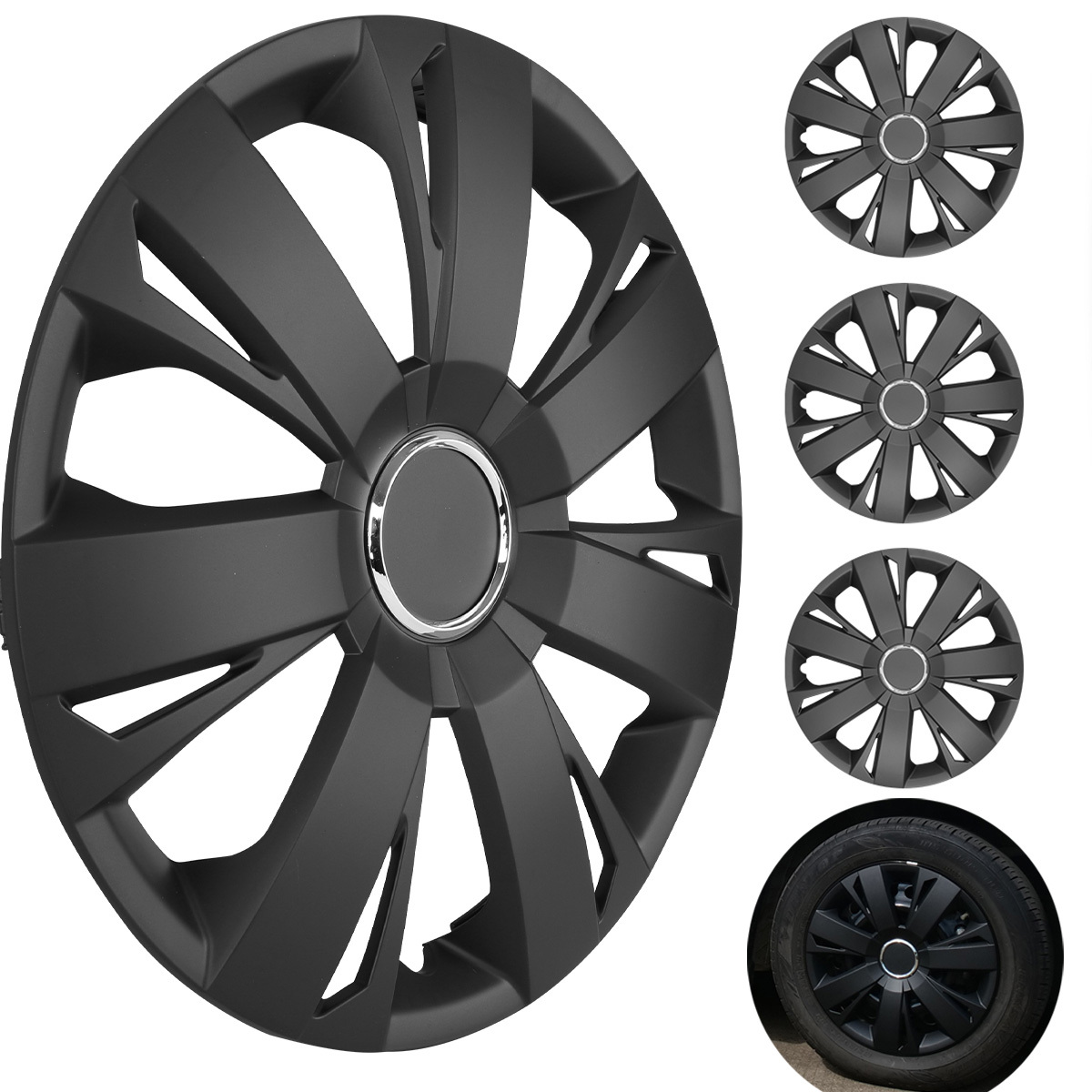 (4-Pack) Winjet 15 Inch Universal Black Matte Wheel Covers Snap On Hub ...