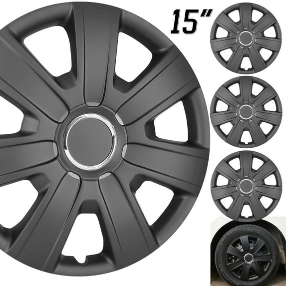 (4-Pack) Winjet 15 inch Universal Black Matte Wheel Covers Snap on Hub Caps Fit R15 Tire + Steel Rim