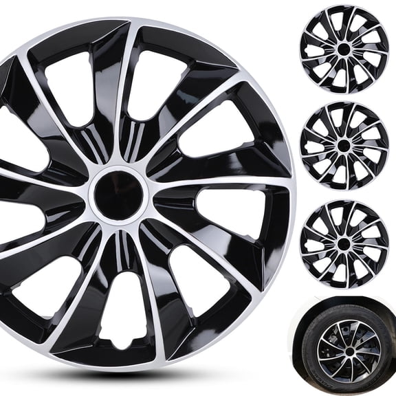 (4-Pack) Winjet 15 inch Universal Silver&Black Wheel Covers Snap on Hub Caps Fit R15 Tire + Steel Rim