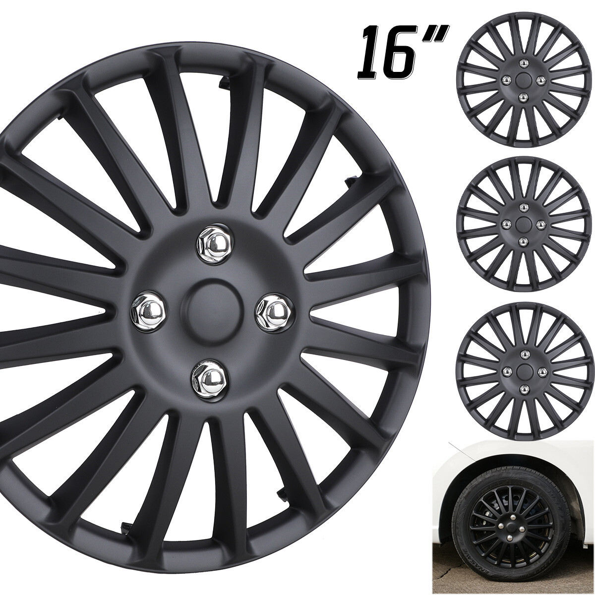 (4Pack) Winjet 16 Inch Universal Wheel Covers Snap On Hubcaps Full Hub