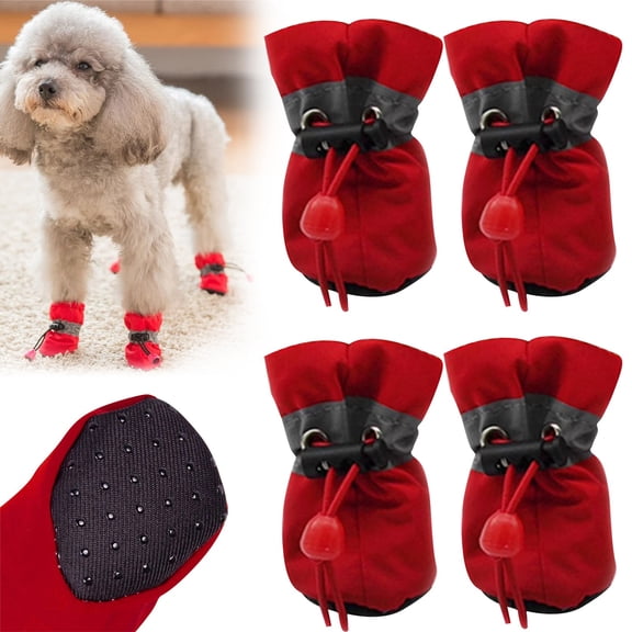 4-Pack Winter Dog Boots, Waterproof Anti-Slip Pet Shoes with Warm Fleece Lining, Adjustable Straps Dog Booties for Small Cats Dogs Puppy, Red, Red