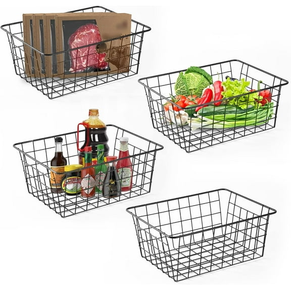 4 Pack Wire Baskets Storage Bin Organizer for Pantry Organizers and Storage, Kitchen Organization Counter Basket for Fruit, Vegetable, Produce, Bread, Potato and Onion Storage Bins,Black