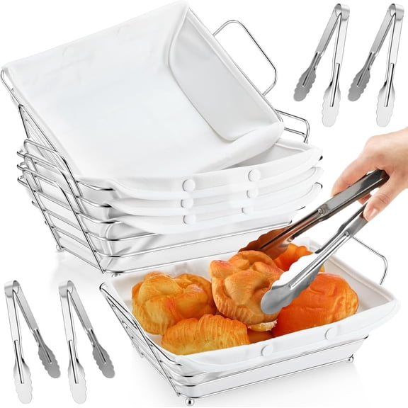 4 Pack Wire Bread Basket Set Metal Square Serving & Storage Container with Removable Liner and Tongs Must-have for Serving Spring Easter Dinner Feast(Silver,30 * 20 * 10 cm,Simple)