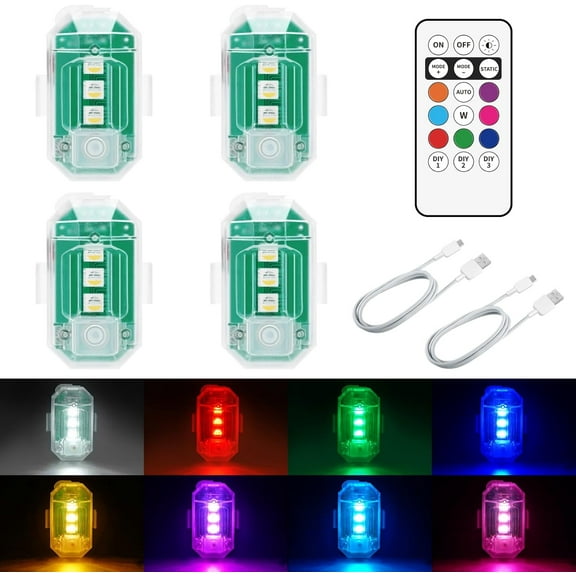 4-Pack Wireless Led Strobe Lights with Remote Control Anti-Collision Emergency Strobe Lights Kit Warning Hazard Flash Lights for Vehicles Cars Trucks Drone Bike, USB Charging, 8 Colors Changing