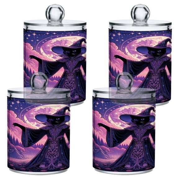 4 Pack Wizard Cat with Moon Qtip Holder Dispenser Clear Plastic Storage Apothecary Jars for Cotton Swabs Balls Pads Floss