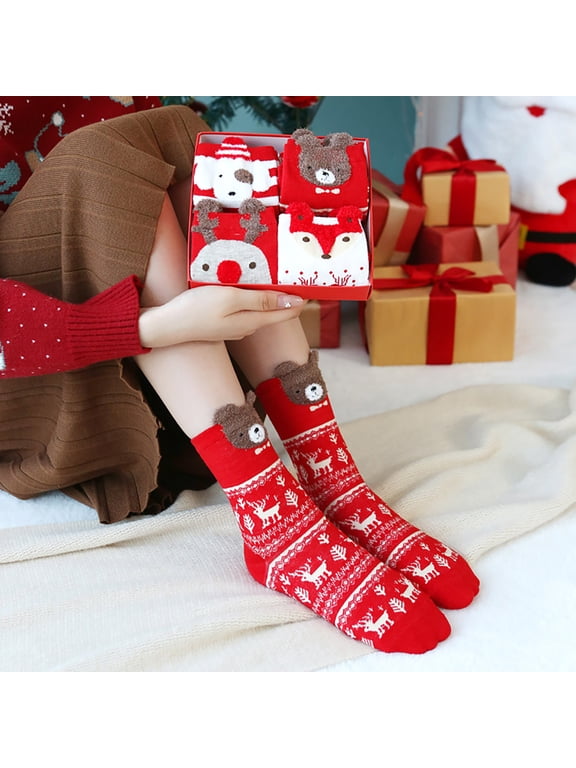 4 Pack Women Christmas Crew Socks 3D Cartoon Applique Soft Cotton Mid Calf Socks Box For Holiday Stocking Stuffers A One Size
