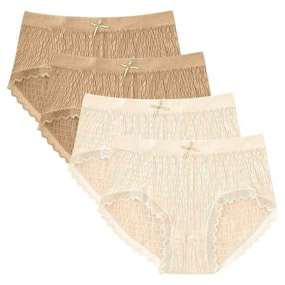 4 Pack Women Comfy Underwear Mid Waist Lace Trim Briefs Ladies Bikini Panties No Show Soft Hipster Panty