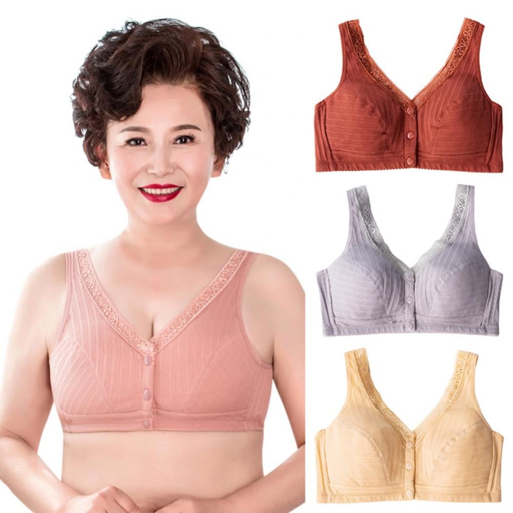 ctdiral Middle-Aged Elder Women Floral Lace Trim Wirefree Bra Front Button  Closure Soft Bra for Mom Grandma Gift Bra