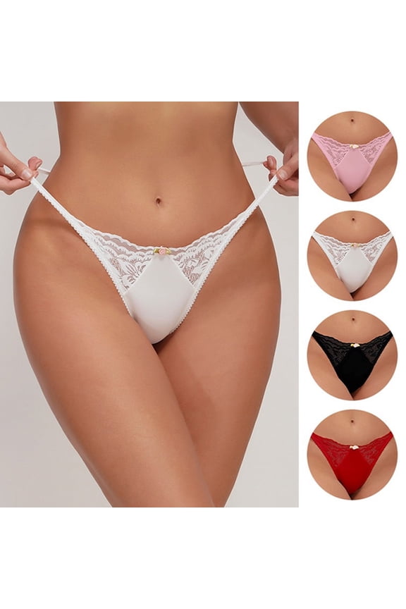 4 Pack Women G-String Thongs T-back Lace Hollow Out Low Waist Thongs Floral Breathable Cheeky Underwear Panties 